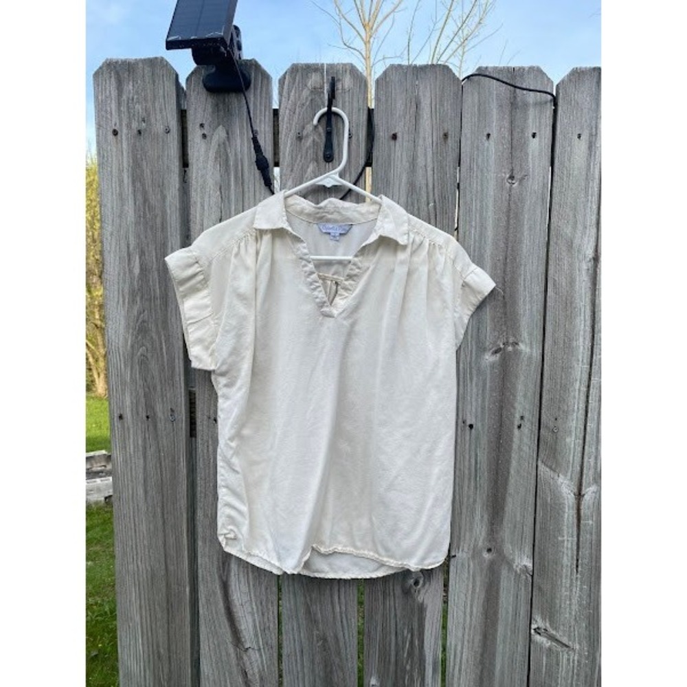Ophelia Roe Womens Cream Lyocell Short Sleeve Split V-Neck Blouse Top Small